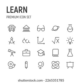 Editable vector pack of learn line icons. Trendy stroke signs for website, apps and UI. Premium set of learn thin line icons.