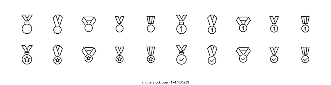 Paquete de vectores editable de iconos de la línea de medallas. Señales de moda para sitios web, aplicaciones e interfaz de usuario. Juego premium de íconos de línea delgada de medallas.