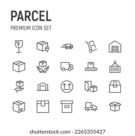 Editable vector pack of parcel line icons. Trendy stroke signs for website, apps and UI. Premium set of parcel thin line icons.