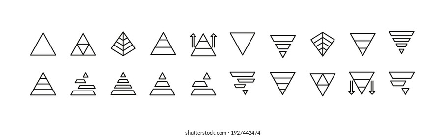 Editable vector pack of pyramid chart line icons. Trendy stroke signs for website, apps and UI. Premium set of pyramid chart thin line icons.