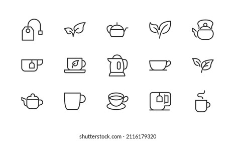 Editable vector pack of tea  line icons. Trendy stroke signs for website, apps and UI. Premium set of tea  thin line icons.