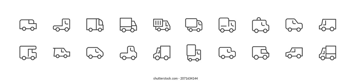 Editable vector pack of truck line icons. Trendy stroke signs for website, apps and UI. Premium set of truck thin line icons.