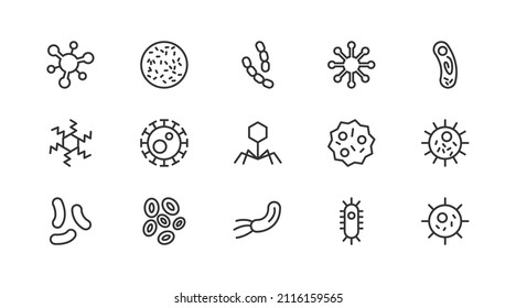 Editable vector pack of virus line icons. Trendy stroke signs for website, apps and UI. Premium set of virus thin line icons.