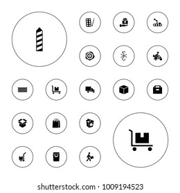 Editable vector package icons: paints, box, shopping bag, take away food, cargo box, cargo on cart, courier, gift on hand, arrow up on white background.