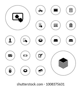 Editable vector pad icons: joystick, finger on display, sponge, notebook, clipboard, paper, home on tablet, portable game console, lock on white background.