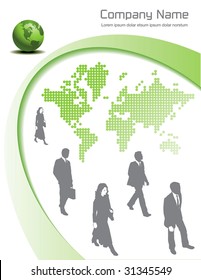 An editable vector page design with businesspeople and a globe