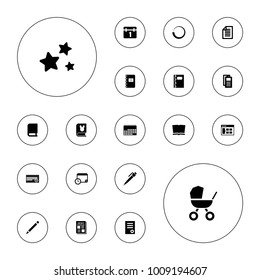 Editable vector page icons: document, news, calendar, pen, browser window, book, loading, notebook, paper, star, calendar with clock, baby stroller on white background.