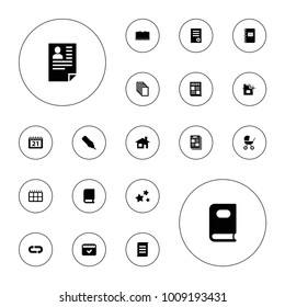 Editable vector page icons: house building, book, document, paper, pen, news, calendar, newspaper, star, baby stroller, clean house, resume, back arrow on white background.