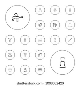Editable vector paint icons: canister, cream box, nail polish, splash, brush, palette, paintball, bucket, paint roller, mascara on white background.