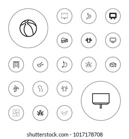 Editable vector painting icons: cheese, beetle, board, jump rope, swing, stomach, banana, beach ball, banana, puzzle on white background.