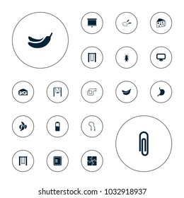 Editable vector painting icons: cheese, atm, beetle, board, jump rope, banana, paper clip, swing, stomach, battery, puzzle, skipping rope on white background.