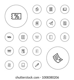 Editable vector paper icons: passport, photos, paper airplane, pen, paper, money, ticket on sale, document, take away food, news, book, checklist on white background.