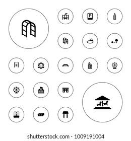 Editable vector park icons: building, carousel, table, ferris wheel, playground ladder, fountain, trampoline, pond, parking, pergola, garden bench, house on white background.