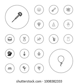 Editable vector party icons: sparklers, vegas, dress, barbeque, cake, champagne bottle with heart, fireworks, confetti, balloon, champagne, cocktail on white background.