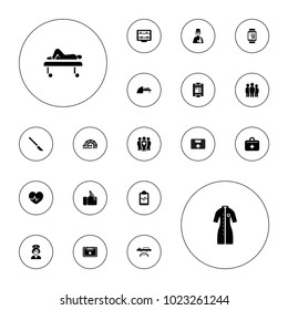 Editable vector patient icons: heartbeat, heartbeat clipboard, medical kit, man with broken arm, blood pressure measure, injured finger, mri on white background.