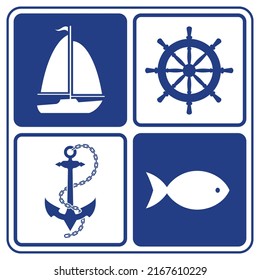 An editable vector pattern illustration with sailing yacht, steering wheel, anchor and fish silhouettes.