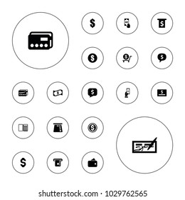 Editable vector payment icons: payment, dollar, money, wallet, credit card, dollar sign in cloud, check, dollar card, money in atm, crown, cash payment on white background.