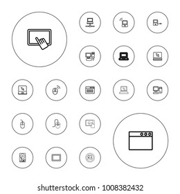 Bearbeitbare Vektorillustration-PC-Symbole: Laptop-Verbindung, Finger auf Tablet, Maus, Laptop, Tablet, Browser-Fenster, PC, Computermaus auf weißem Hintergrund.
