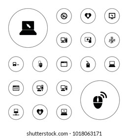 Editable vector pc icons: laptop connection, mouse, display, cpu in heart, laptop, browser window, pc, computer mouse, no laptop, finger on tablet on white background.