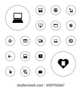 Editable vector pc icons: no laptop, laptop connection, cpu in heart, cpu planet, browser window, document in folder, pc, mouse on white background.