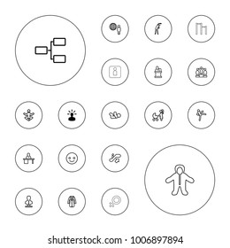 Editable vector people icons: user bulb, escalator up, baby, exercising, ranking, bust, smiling emot, woman with baby carriage, man doing exercises, yoga on white background.