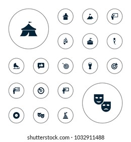 Editable vector performance icons: target, teacher, mask, circus, thumb up, microphone, drum, ballet shoes, man at the top of the mountain with flag on white background.