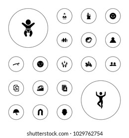 Editable vector person icons: man and woman, hairstyle, resume, delivery bike, upset emot, angry emoji, user, old couple, man doing exercises, stairs on white background.