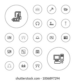 Editable vector personal icons: badge, hat, razor, welding glasses, headphones, check, fintess equipment, gym equipment, laptop with heart, pc, meeting on white background.