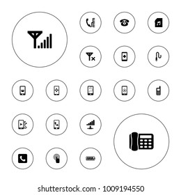 Editable vector phone icons: phone, hand on smartphone, touchscreen, memory card with music, call, wire, battery, no signal, mobile signal, signal on white background.