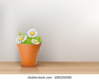 Editable Vector Photo Realistic Modern Interior Backdrop With Ceramic Flowerpot