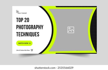 Dicas de fotografia vetorial editável e truques vídeo miniatura design de banner, fotografia vídeo capa banner design, design criativo miniatura modelo de banner