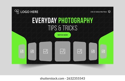 Editable vector photography tips and tricks video thumbnail banner design, photography video cover banner design, creative thumbnail banner template design