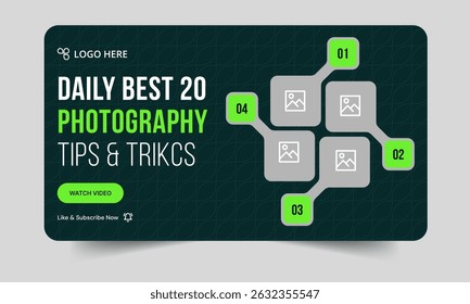 Editable vector photography tips and tricks video thumbnail banner design, photography video cover banner design, creative thumbnail banner template design