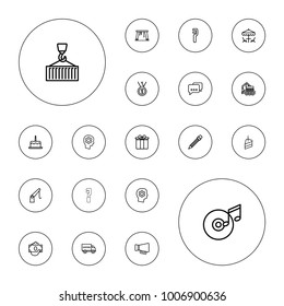 Editable vector pictograph icons: cake with one candle, clamp, money in hand, gear in head, cargo crane, cargo on hook, present, message, shipping truck on white background.