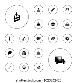 Editable vector pictograph icons: cake with one candle, money in hand, cargo on hook, cargo crane, present, heart lock, message, pen, pencil on white background.