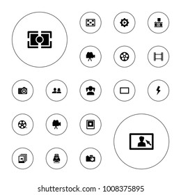 Editable vector picture icons: man and woman, girl, movie tape, camera tape, camera, play in gear, photo, burst on white background.