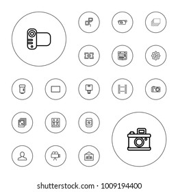 Editable vector picture icons: man, camera, play in gear, camera flash, photo for passport, burst, photo, photos on white background.