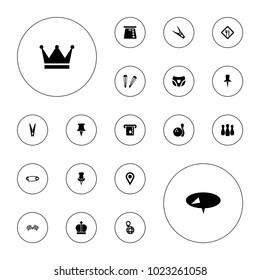 Editable vector pin icons: hair barrette, pin, credit card in atm, location, restaurant, finish flag, bowling, crown on white background.