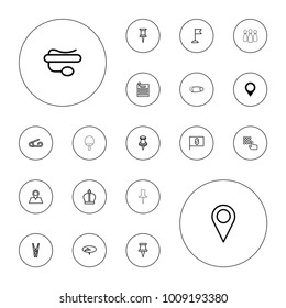 Editable vector pin icons: map location, pin, cloth pin, flag with dollar, hand on atm, flag, location, crown on white background.