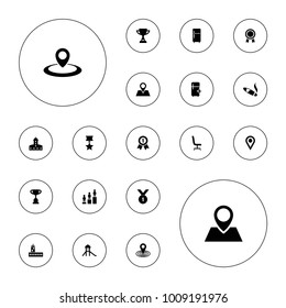 Editable vector place icons: castle, clean fridge, ranking, map location, trophy, location pin, location, office chair, number 1 medal, medal with star on white background.