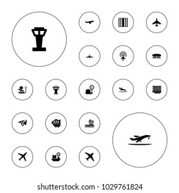 Editable vector plane icons: airport tower, lugagge weight, airport, plane, cargo trailer on white background.