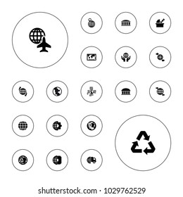 Editable vector planet icons: observatory, globe, international delivery, world map, clobe gear, cpu planet, qround the globe on white background.
