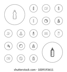 Editable vector plastic icons: baby bottle, pyramid, ball, bottle, dustpan, cleanser, put money on card, plastic ball, hair curler, credit card on white background.