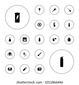 Editable vector plastic icons: soap, coloring brush, cream, cleanser, protein powder, bottle, usb signal, tank, baby bottle, credit card, barber brush on white background.