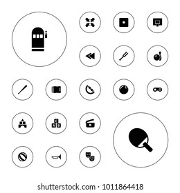 Editable vector play icons: abc cube, baby toy, toy tower, dice, bowling ball, mask, beach ball, roundelay, ping pong racket, play back, tonometer on white background.
