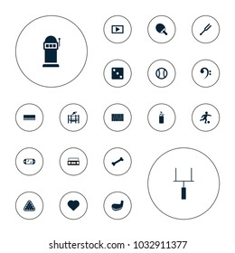 Editable vector play icons: hearts, dice, billiards, piano, golf putter, ping pong racket, tonometer, trampoline, play, goal post, football player on white background.