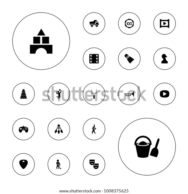 Editable vector play\
icons: pyramid, toy car, toy tower, joystick, chess horse, mask,\
shuttlecock, guitar mediator, play, baseball player, golf player on\
white background.