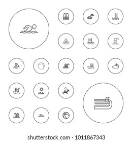 Editable vector pool icons: beach ball, pool ladder, swimming ladder, pond, swimmer, man laying in sun, man laying in the sun, life vest on white background.