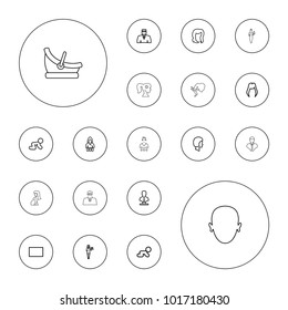 Editable vector portrait icons: baby crawl, woman hairstyle, hairstyle, casino girl, security guy, bust, crawling baby, burst, face, elephant, baby basket on white background.