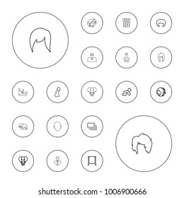 Editable vector portrait icons: elephant, baby crawl, woman hairstyle, pregnant woman, studio curtain, burst, baby basket, face, curly hair, casino girl on white background.